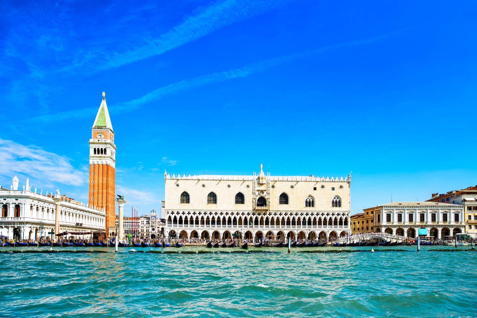 Venice-view-from-sea-of-Piazza-San-Marco-or-st-Mark-square-Campanile-and-Ducale-or-Doge-Palace.-Italy