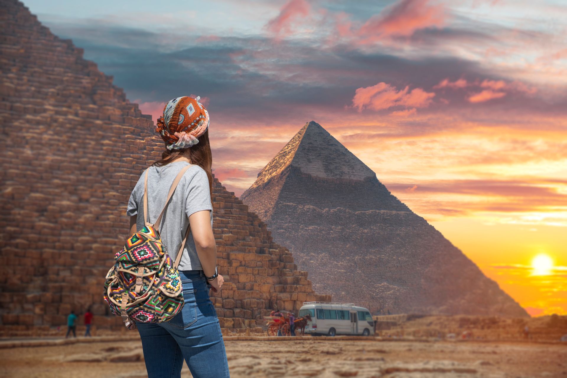 EGYPT Woman,Tourist,Walks,On,The,Background,Of,The,Pyramids,In