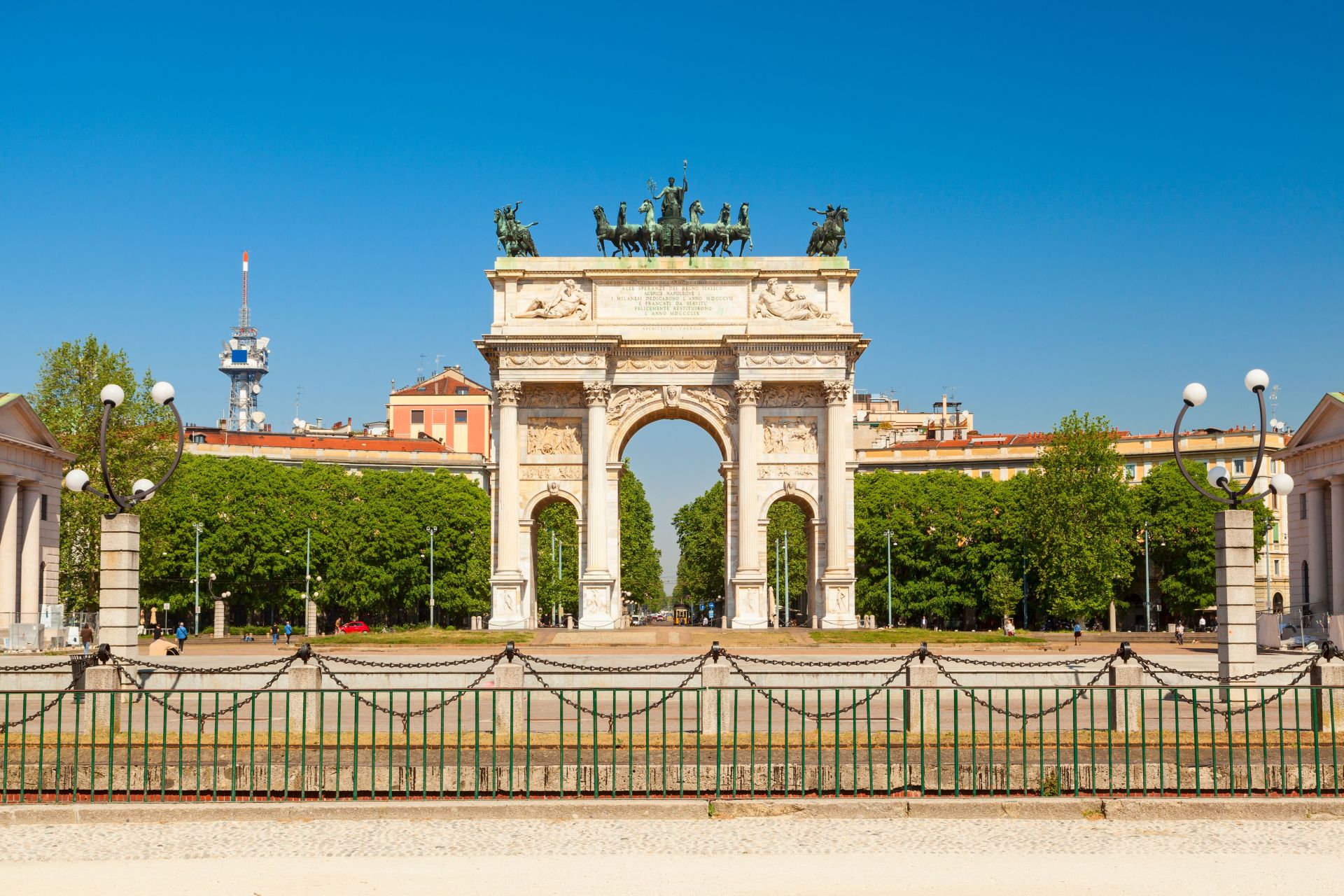 Porta Sempione, the city gate of Milan, Italy on a summer day