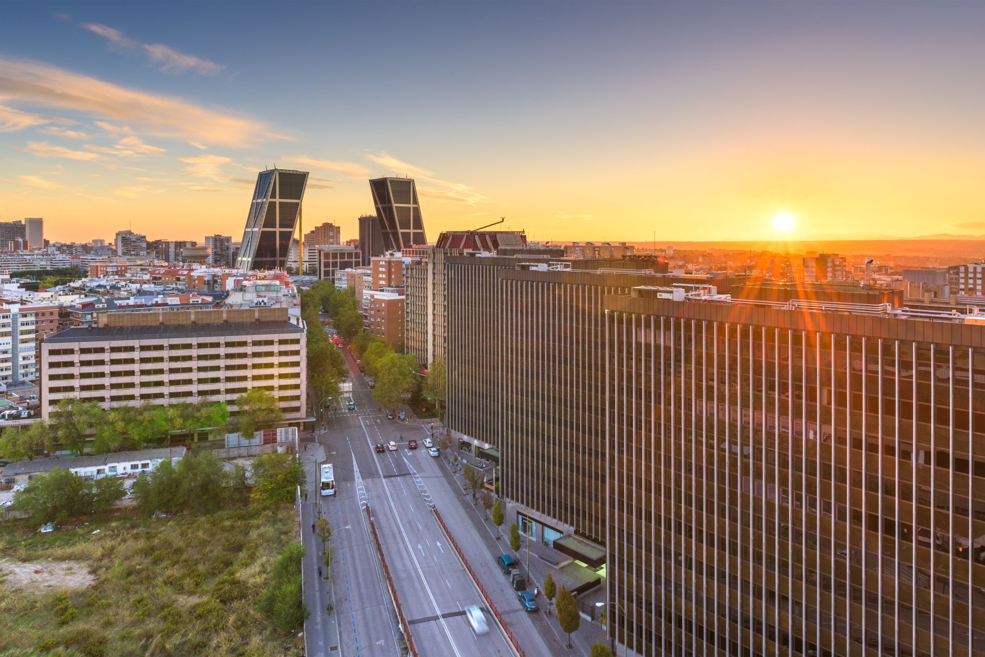 Madrid, Spain financial district skyline at dusk.