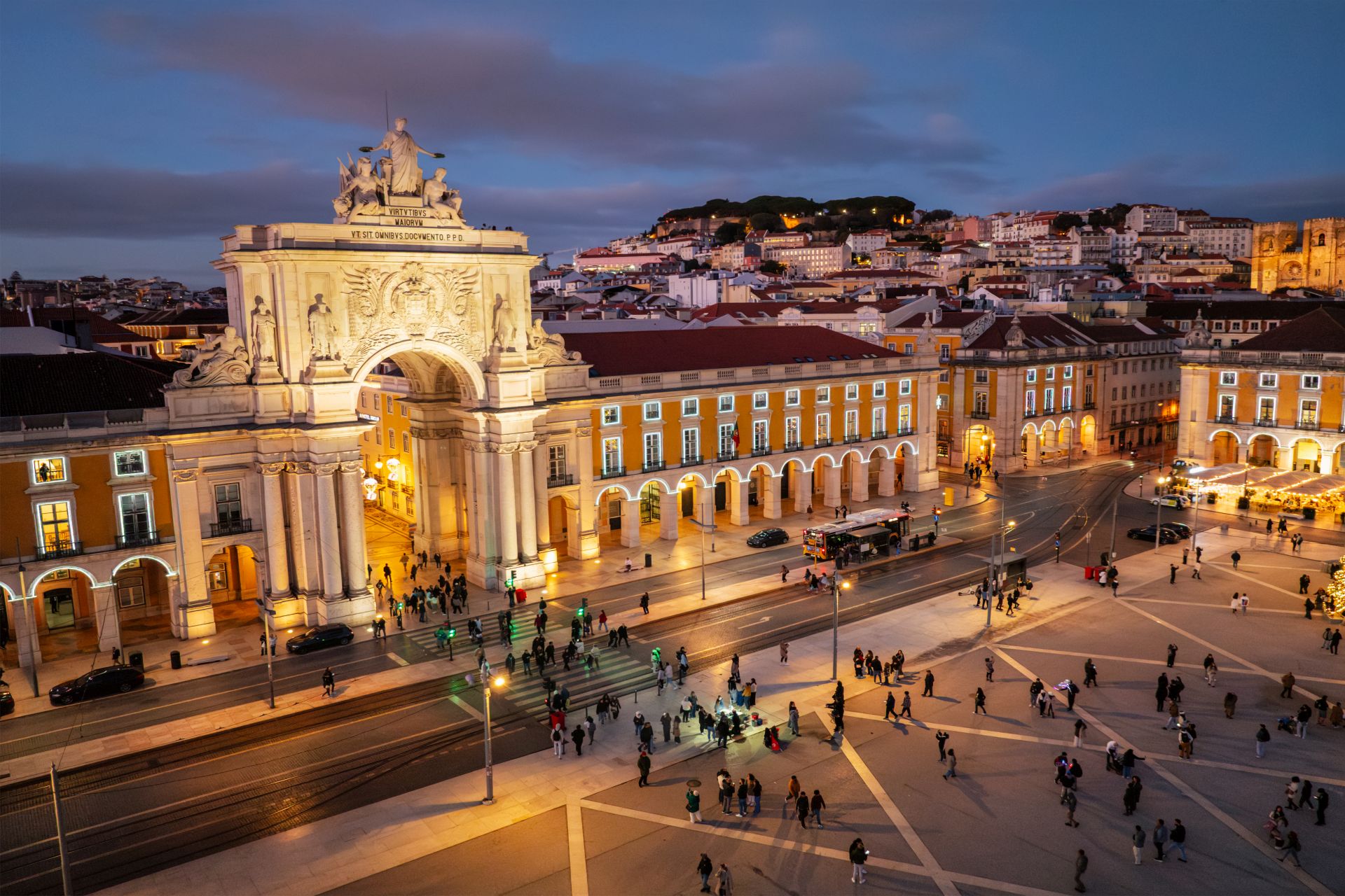Aerial view of lit Praca do Comercio in Lisbon at Christmas