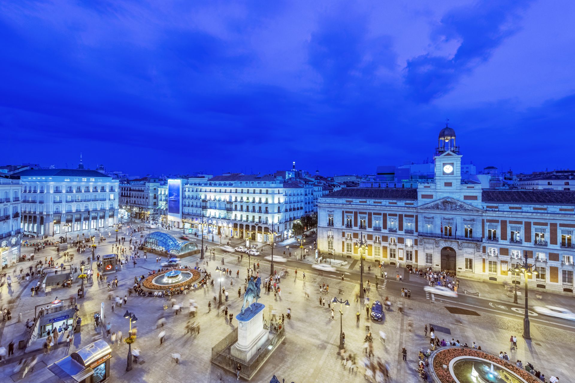 Madrid,Spain,Ornate buildings illuminated at night, Madrid, Madrid, Spain