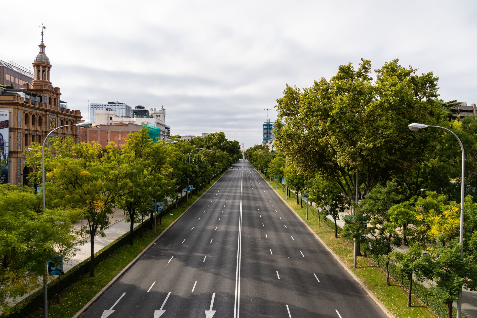 High angle view Paseo de la Castellana in Madrid with no traffic