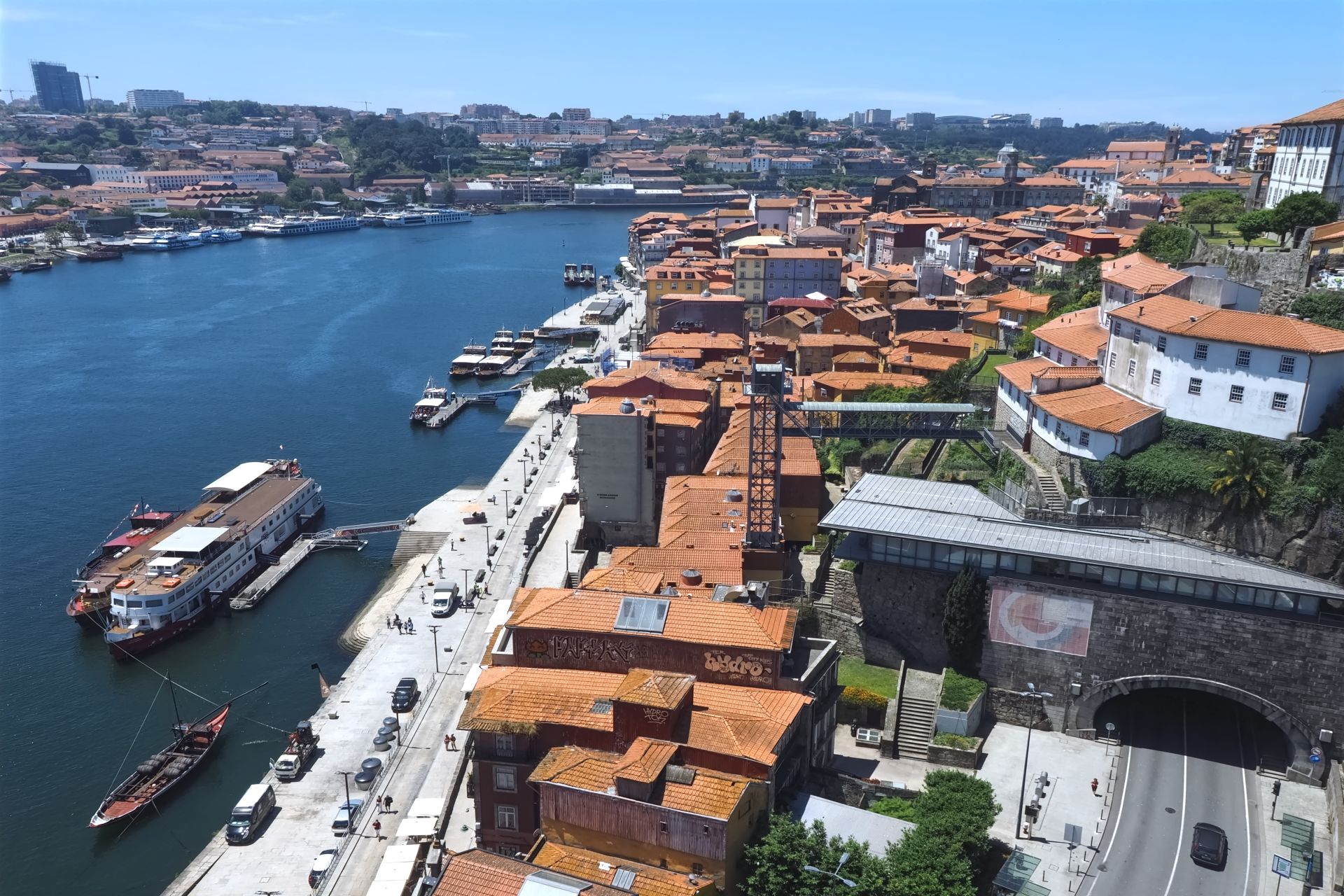 Cityscape of Porto with the Douro river in Portugal, aerial view