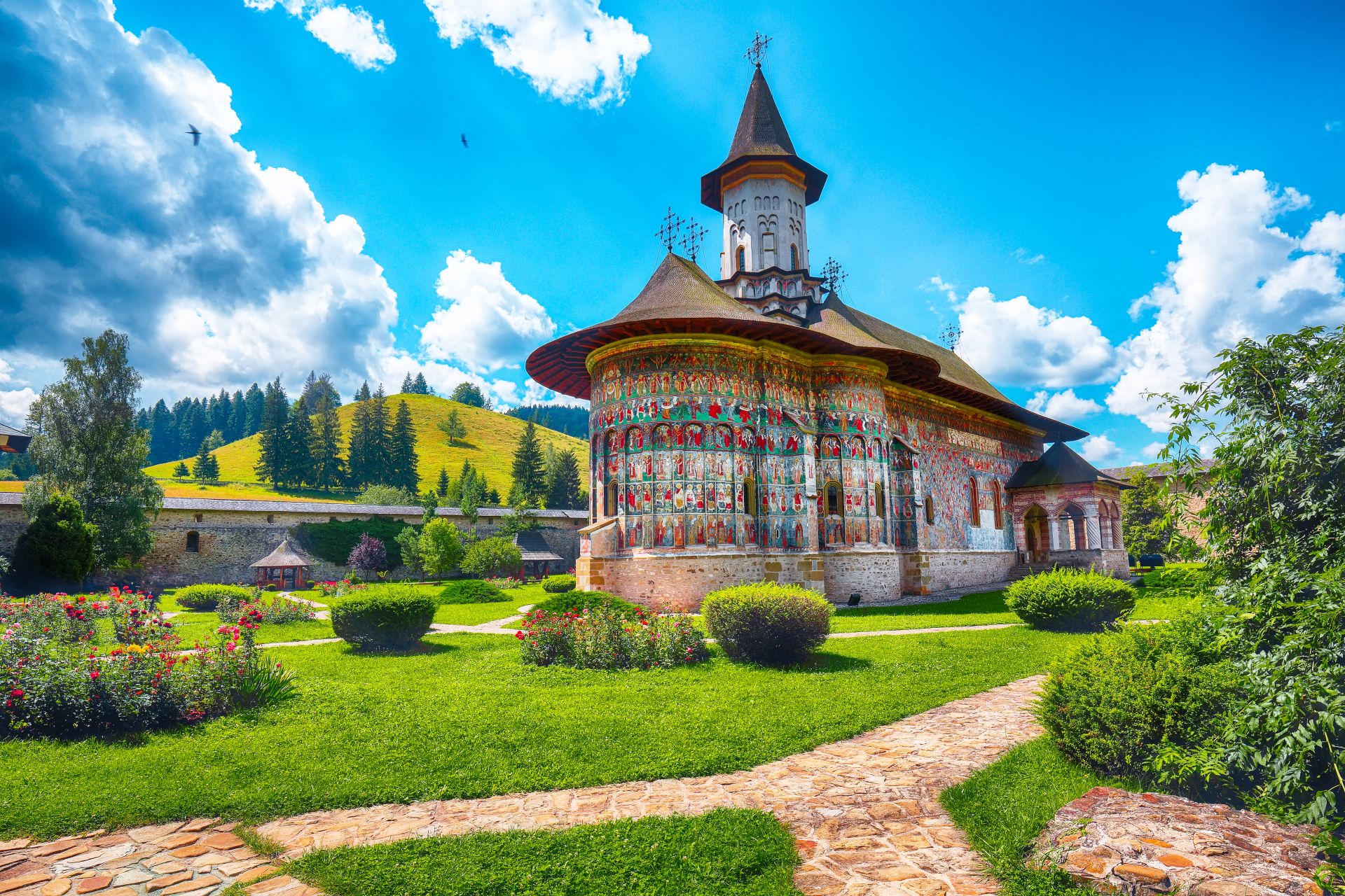 Splendid summer scene of Sucevita Monastery Romanian Orthodox mo