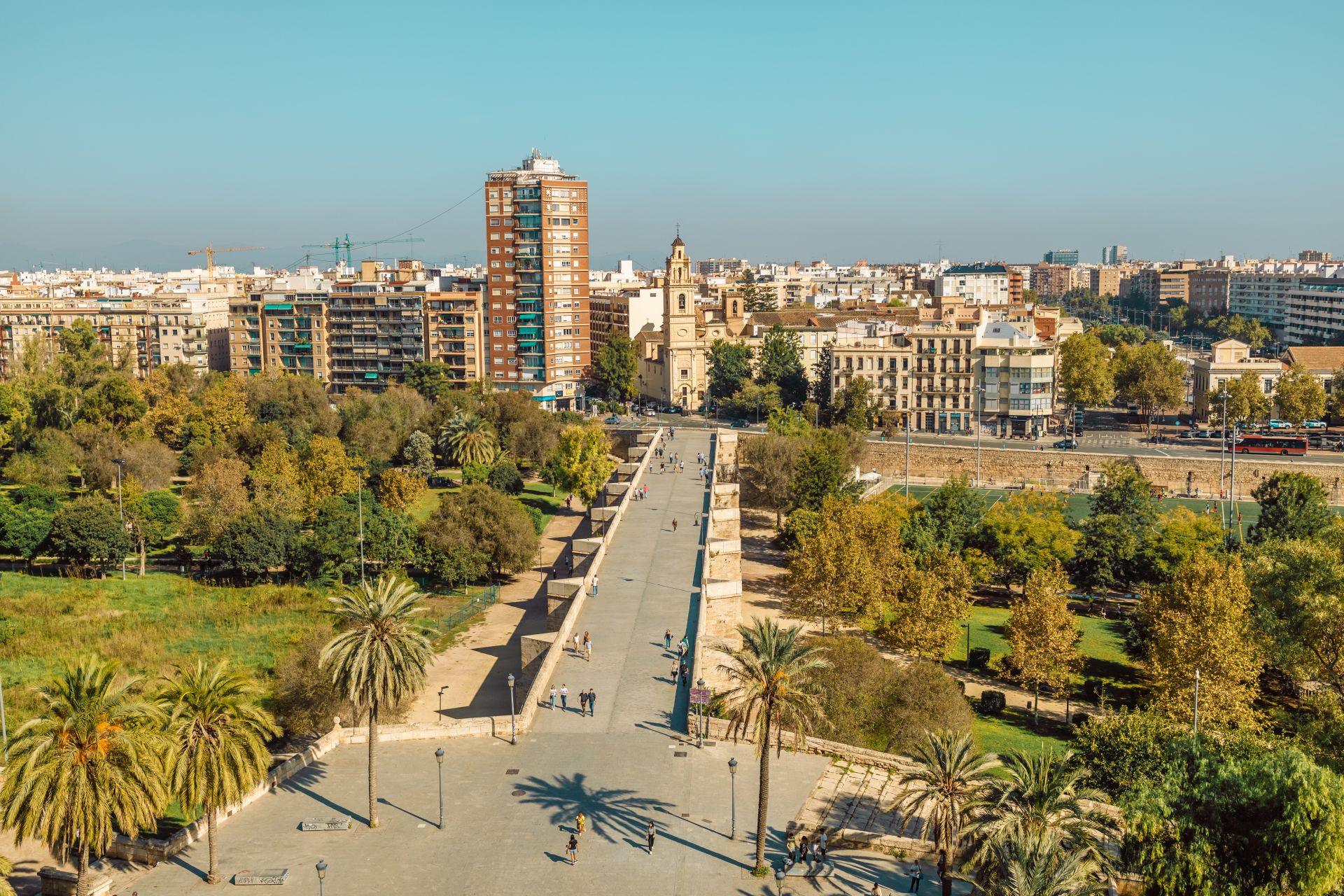 Spain. Valencia. Panoramic photo. View of the Historic Center of Valencia, Spain. Panoramic aerial view of cityscape.city from a height