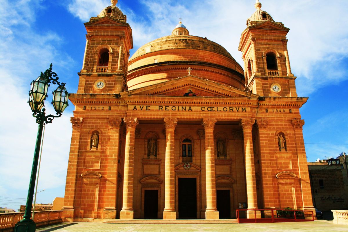 Cathedral of the Assumption of Saint Mary in Malta with blue sky in the backdrop