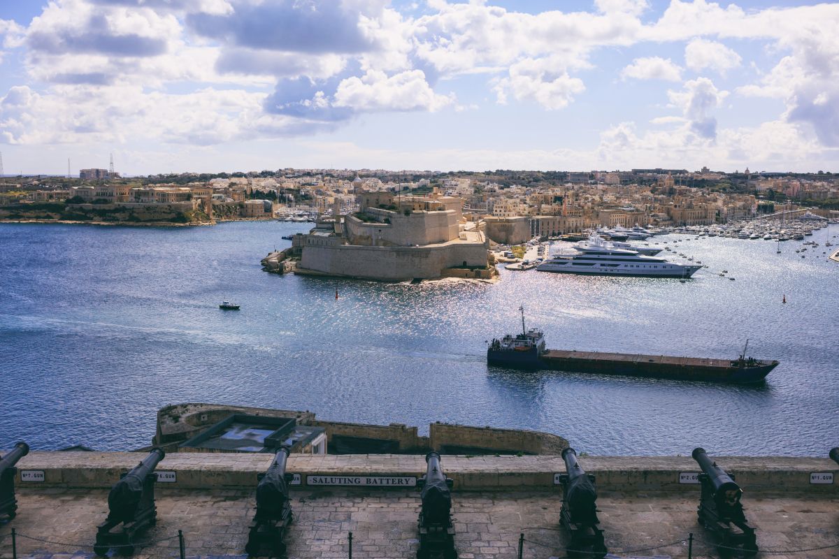 Valletta, Malta. Upper Barrakka Gardens and Saluting Battery. View of Grand harbor