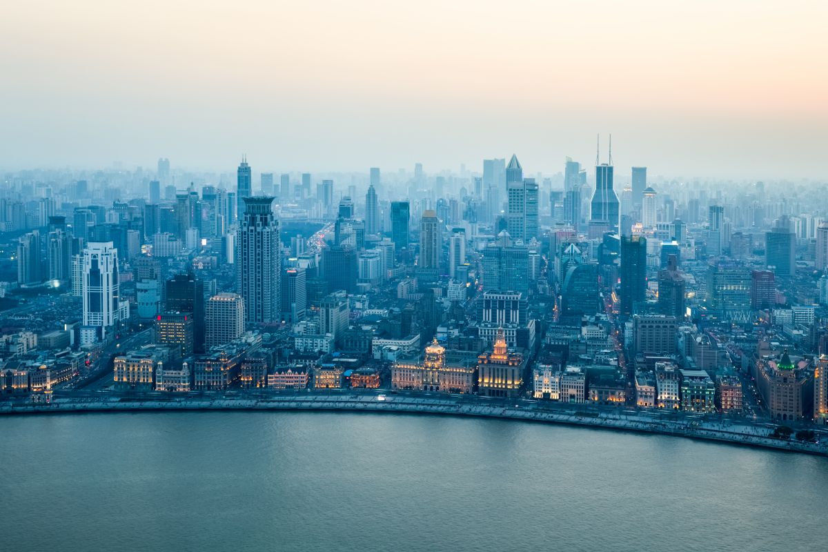 aerial view of beautiful shanghai bund in nightfall
