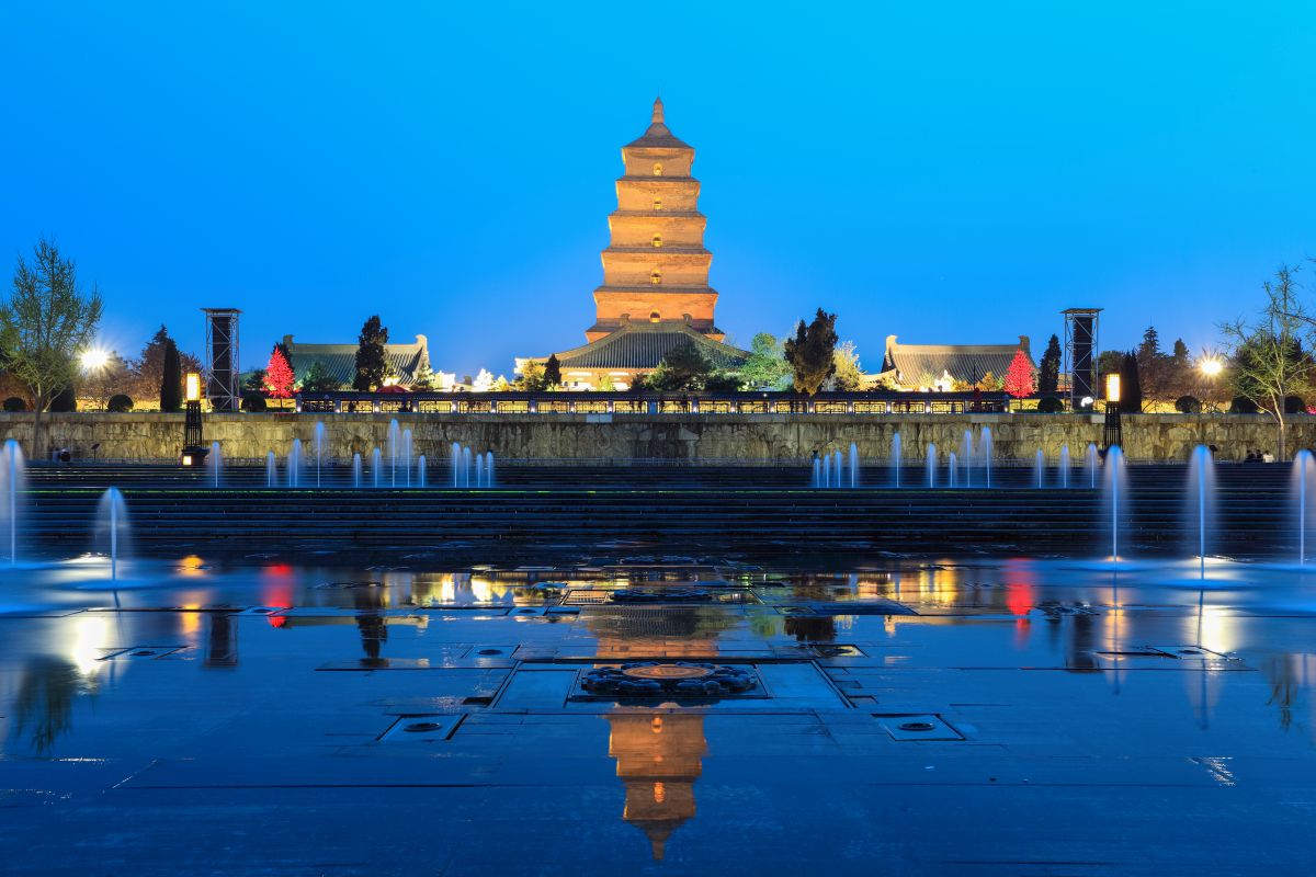 giant wild goose pagoda at night