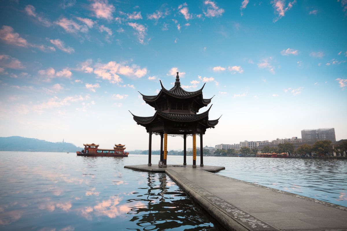 hangzhou pavilion with sunset glow